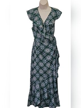 MAX STUDIO Green Multi-Color Abstract Print True Wrap Maxi Dress, XLarge,NWT
